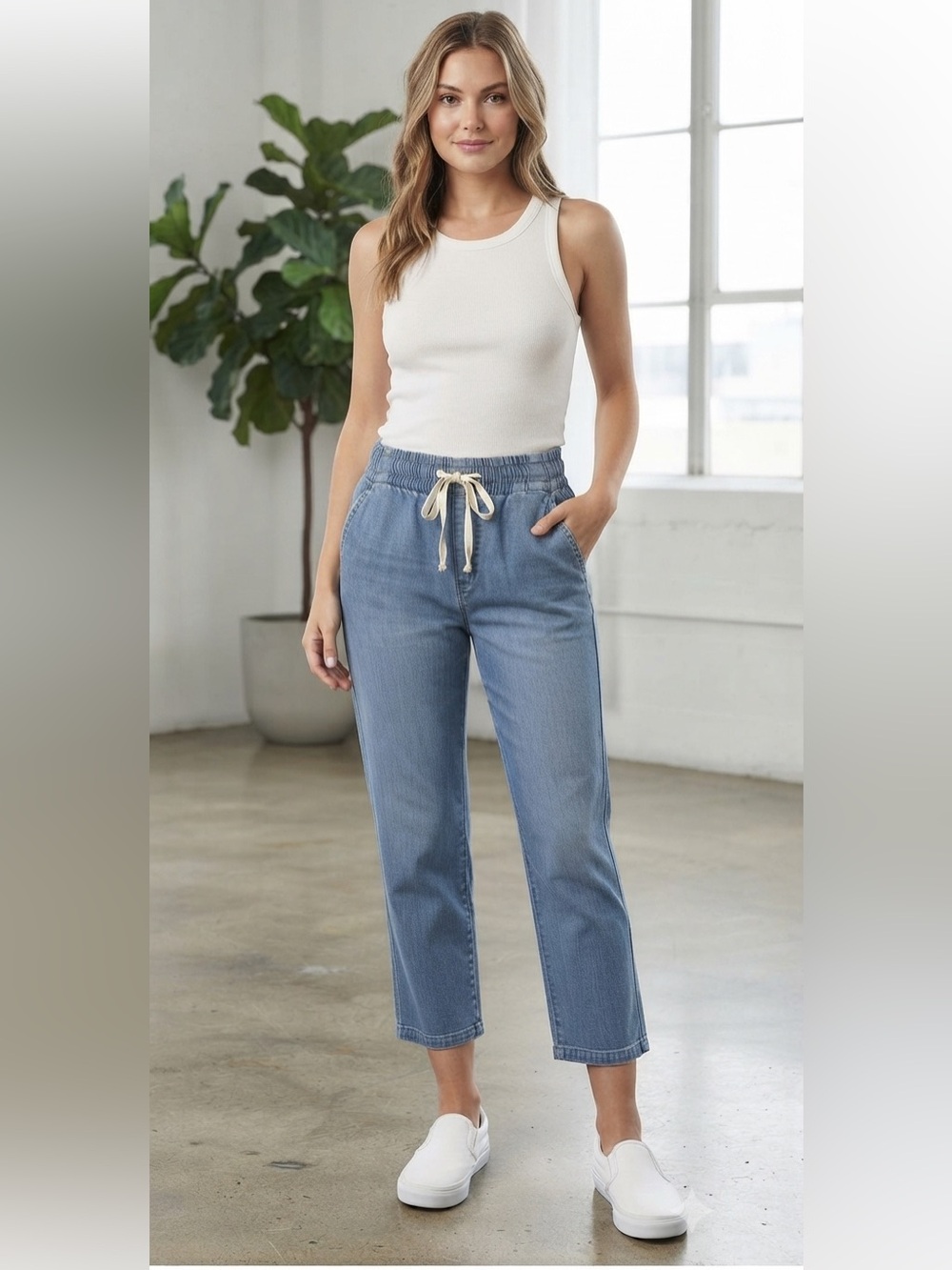 KENSIE Blue Denim Drawstring Crop Jeans